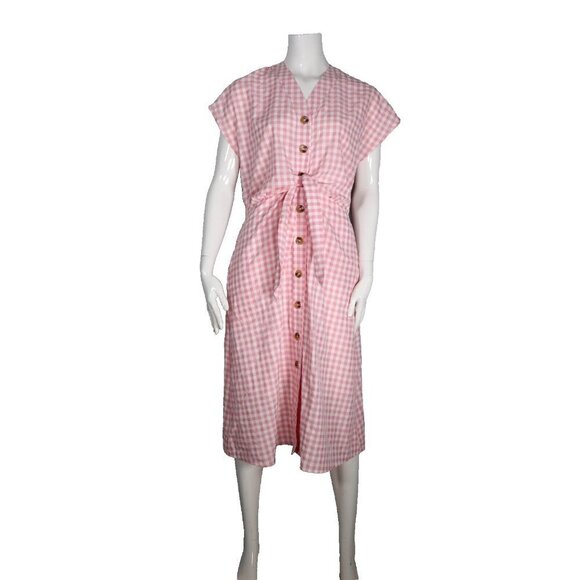 Gray Label Women's US12 Pink White Gingham Dress Tie-Up V-Neck Pockets Midi NWT - Picture 1 of 12